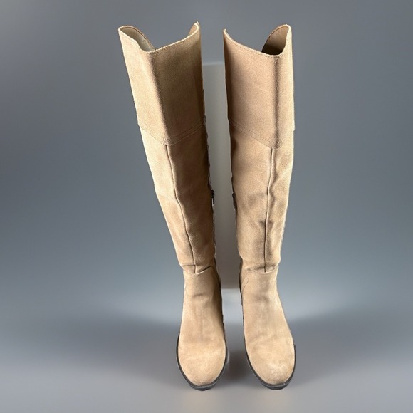 Vince Camuto Shoes - Vince Camuto Bendra Tall Boots Women's 6.5M Taupe Suede Side Zip Riding Low Heel